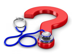 Stethoscope and question on white background. Isolated 3D image